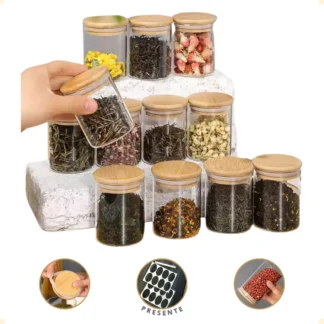 Porta Temperos Bambu com 10 Potes de Vidro Herméticos – Ame Cozinha