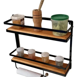 Prateleira Rústica para Porta Condimentos com Suporte para Papel Toalha